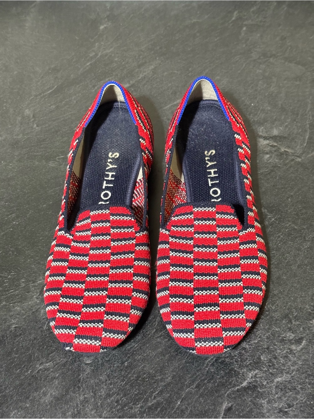 Rothys Cherry Red Blue Mosaic Flats Loafers Retired Discontinued Rare Pattern S9